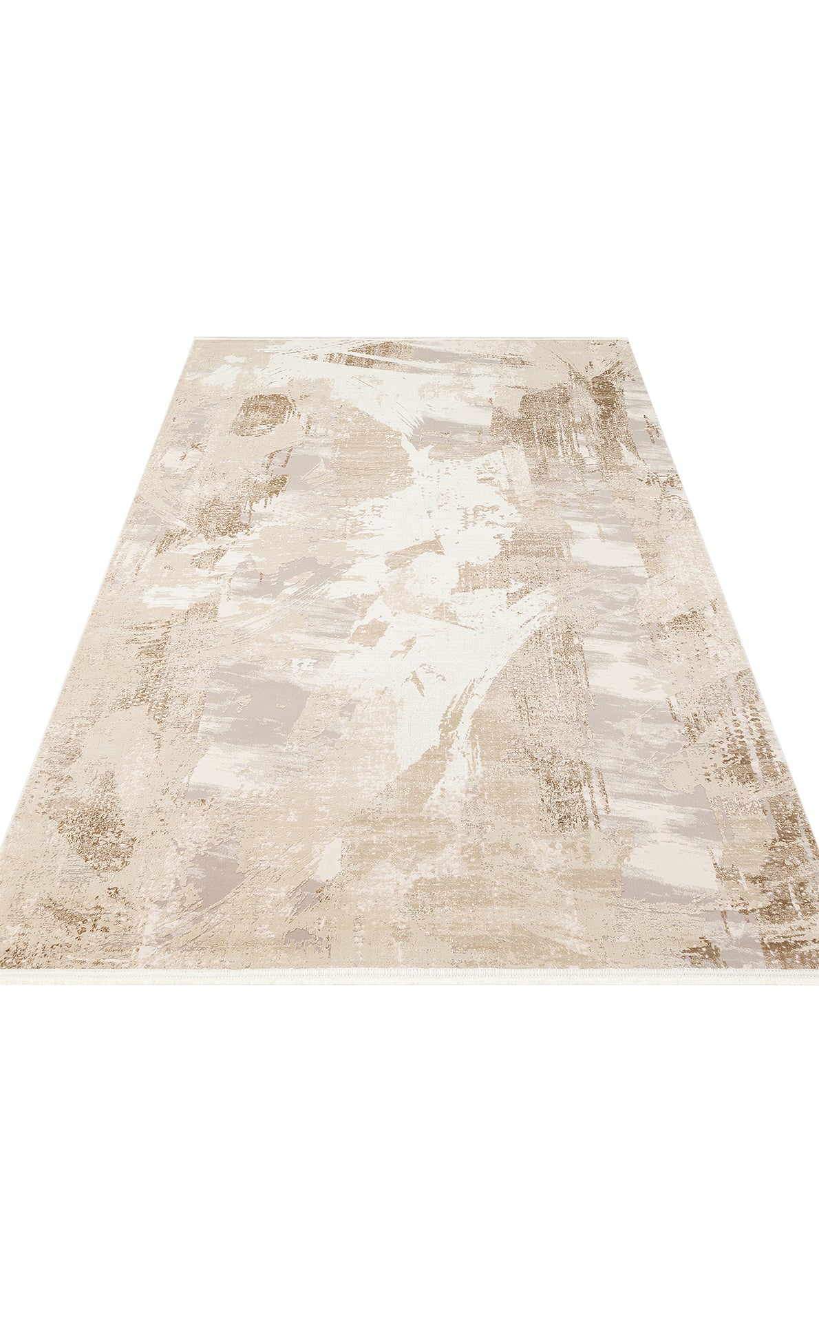 Beige and cream area rug with an abstract, distressed brushstroke pattern on a white background.