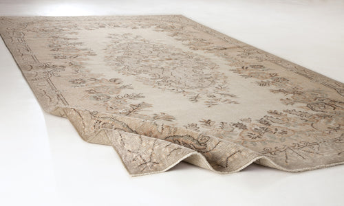Load image 1 in gallery view. Beige and taupe distressed traditional rug with a central floral medallion pattern on a white background.