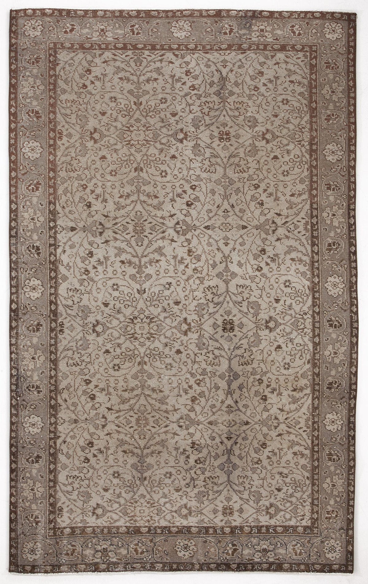 Taupe and brown traditional rug with a distressed floral vine pattern and a decorative border.