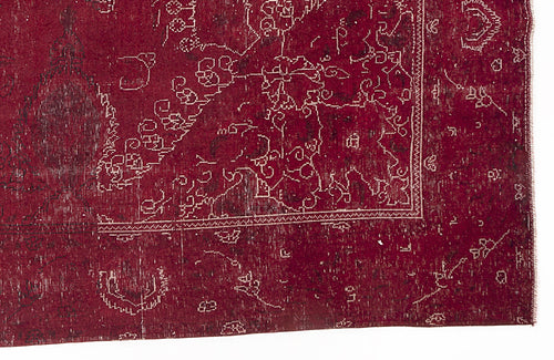 Load image 1 in gallery view. Deep red vintage-style rug with a distressed white linear floral and geometric border pattern on a white background.