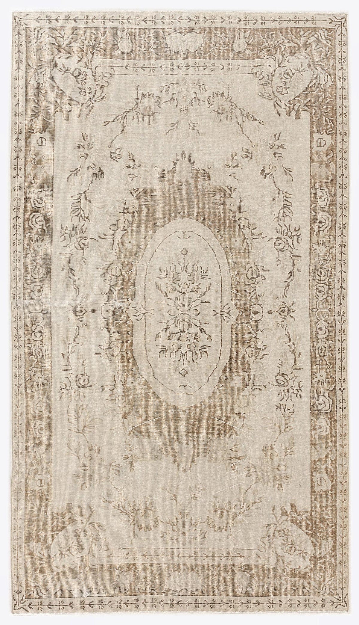 Beige and cream vintage-style rug with a central floral medallion and ornate botanical border.