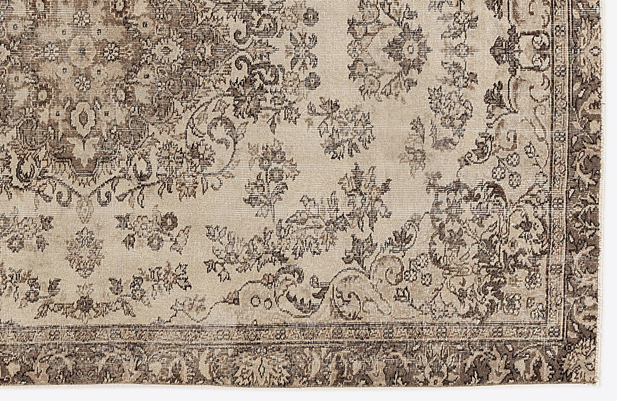 Beige and dark brown traditional rug with a distressed floral medallion pattern and a detailed border.