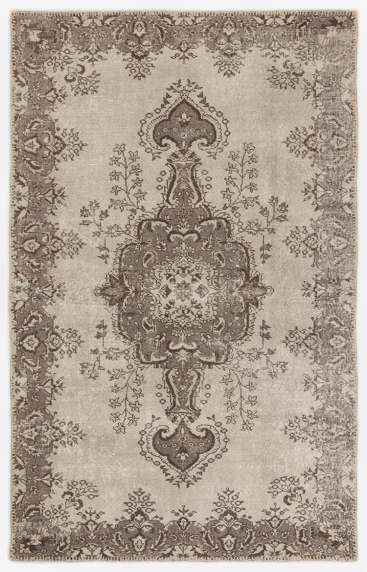 Taupe and beige vintage-style rug with a distressed central medallion and ornate floral border.