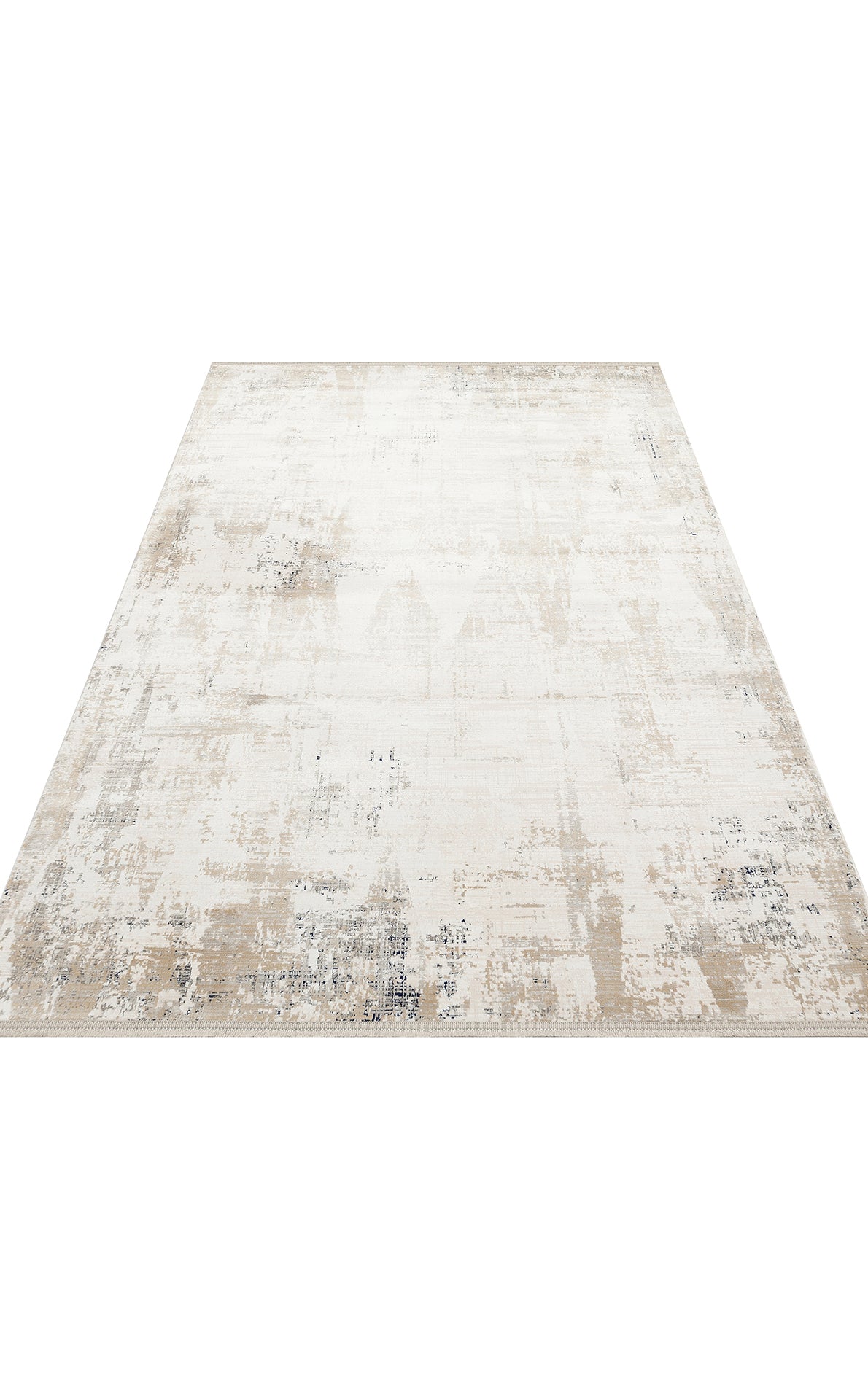 White, beige, and charcoal grey area rug with a distressed, abstract textured pattern on a white background.