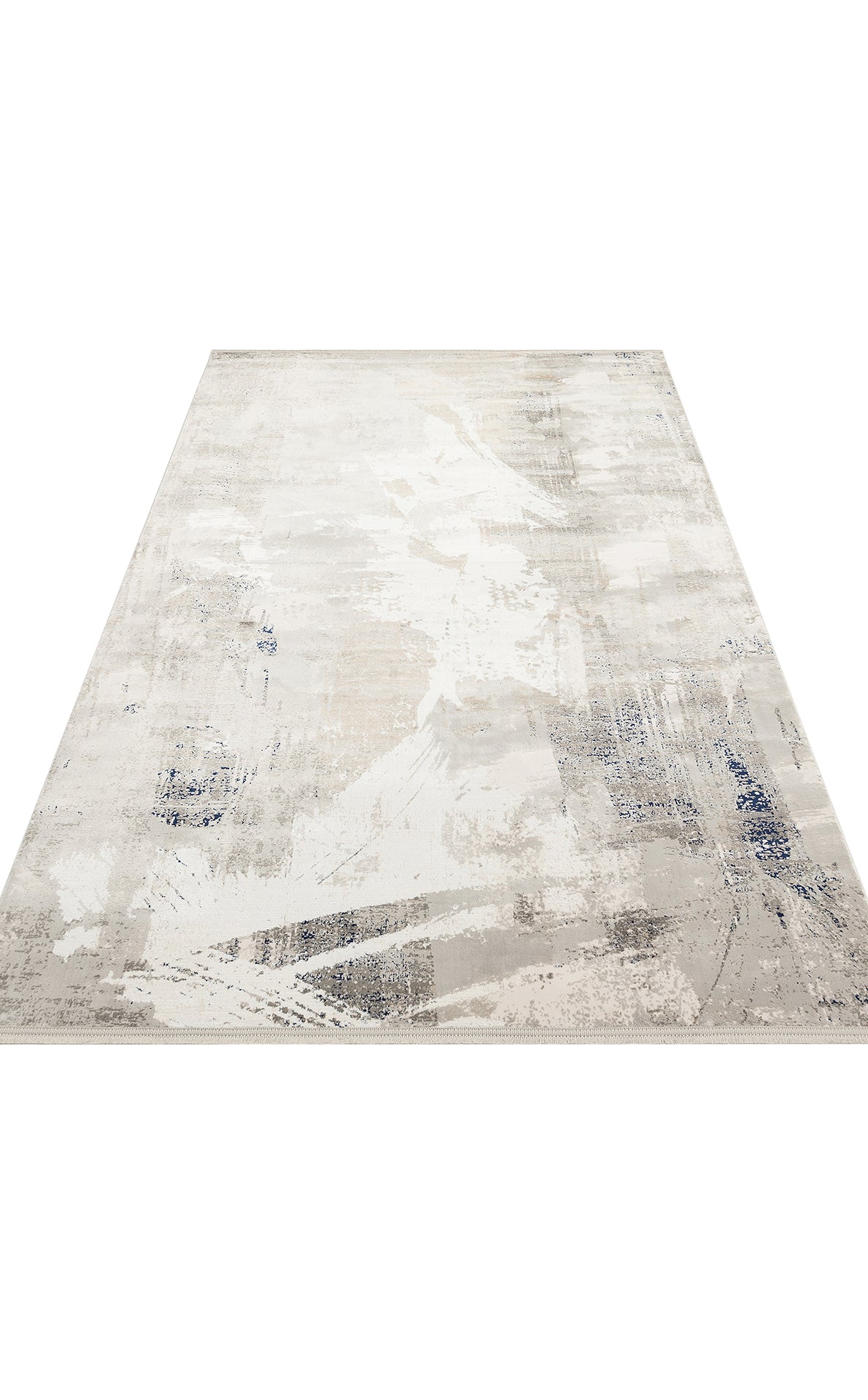Grey, beige, and white abstract area rug with distressed brushstroke patterns on a white background.