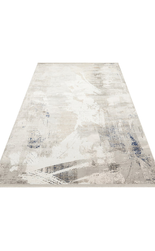 Load image 1 in gallery view. Grey, beige, and white abstract area rug with distressed brushstroke patterns on a white background.