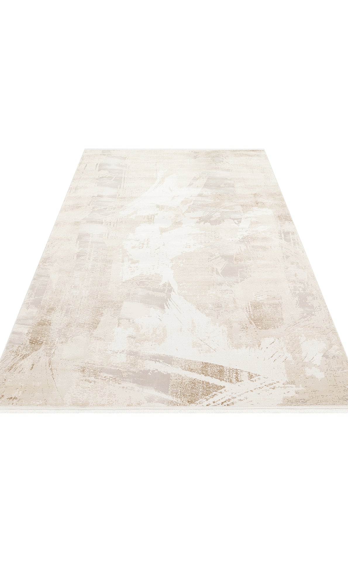 Cream and beige area rug with an abstract, distressed brushstroke pattern on a white background.