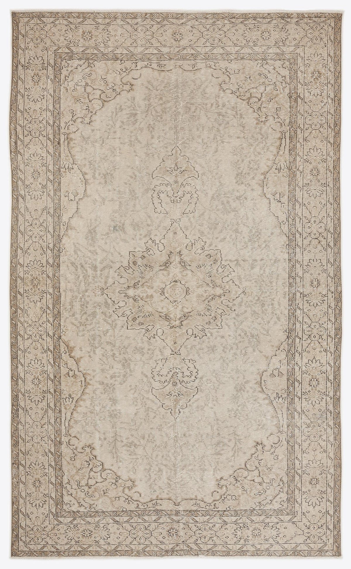 Beige and taupe distressed area rug with a central medallion and ornate floral border on a white background.