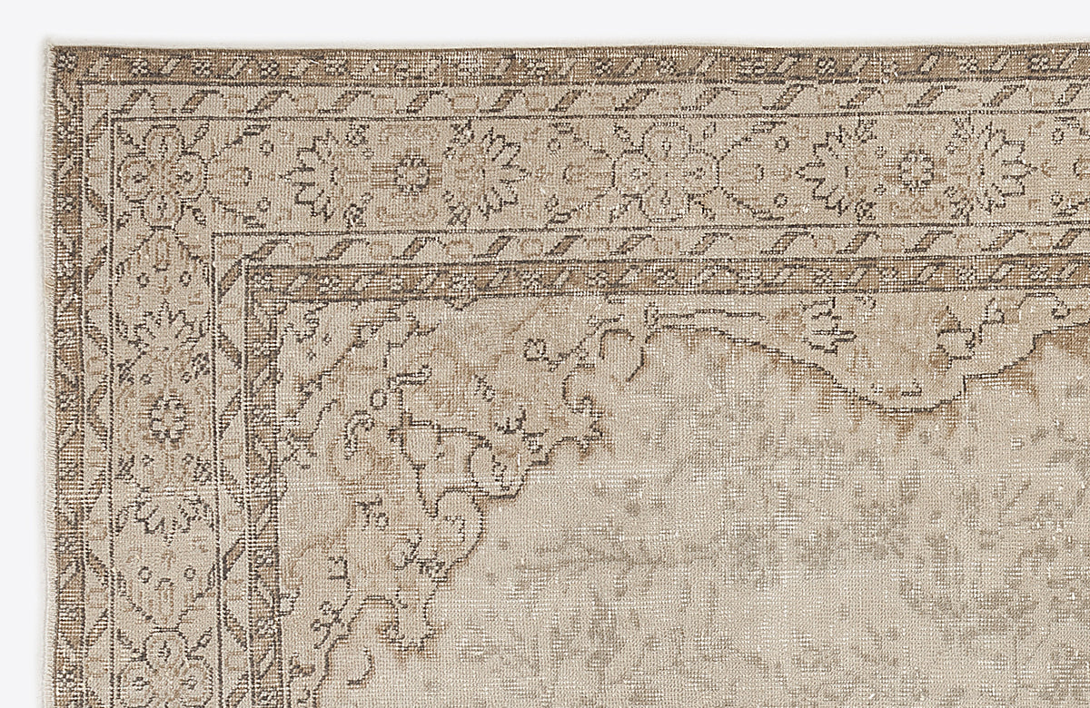 Beige and taupe traditional rug with a distressed floral medallion pattern and geometric border.