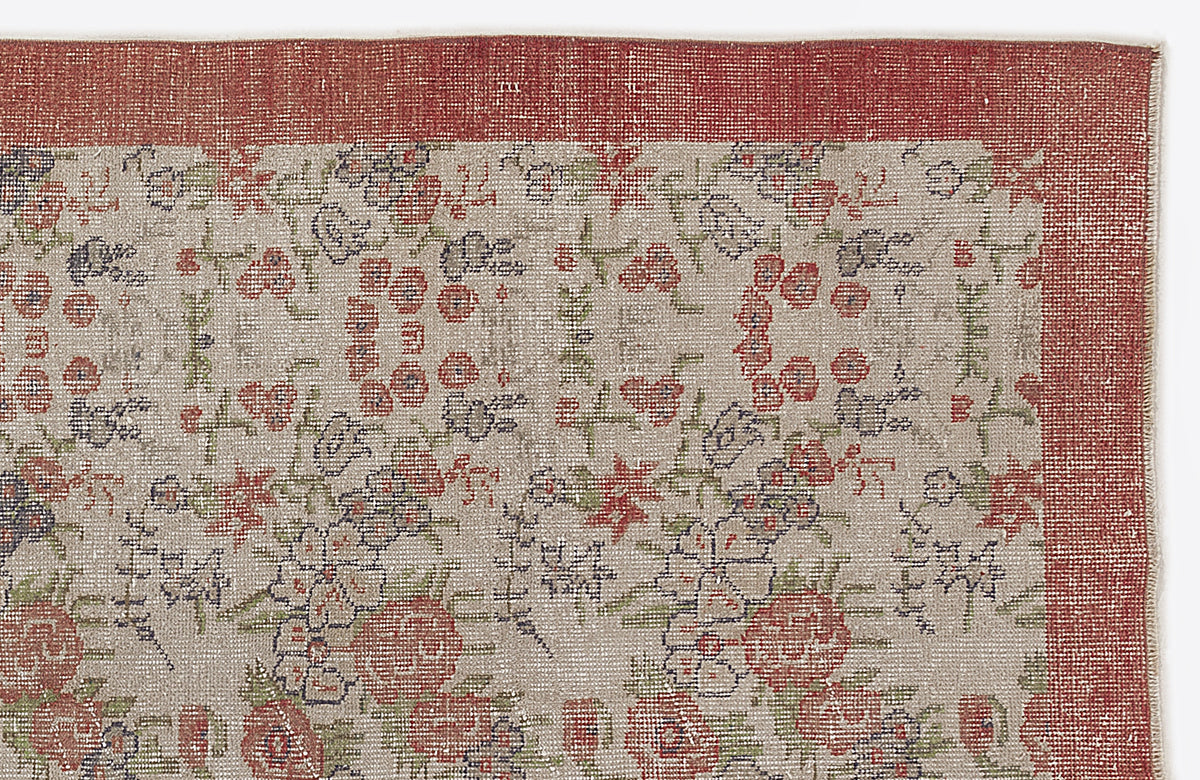 Beige rug with a red border and a distressed floral pattern in red, blue, and green on a white background.