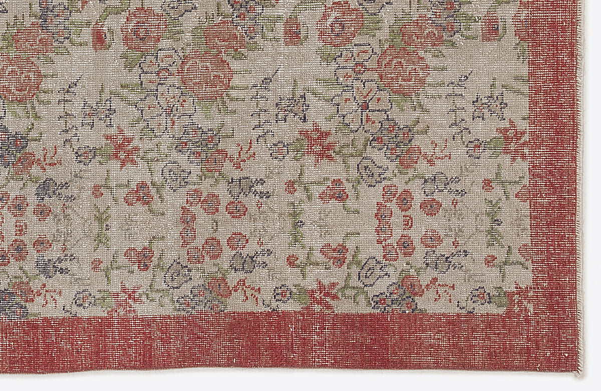 Beige rug with a distressed floral pattern in red, green, and blue, featuring a solid red border.