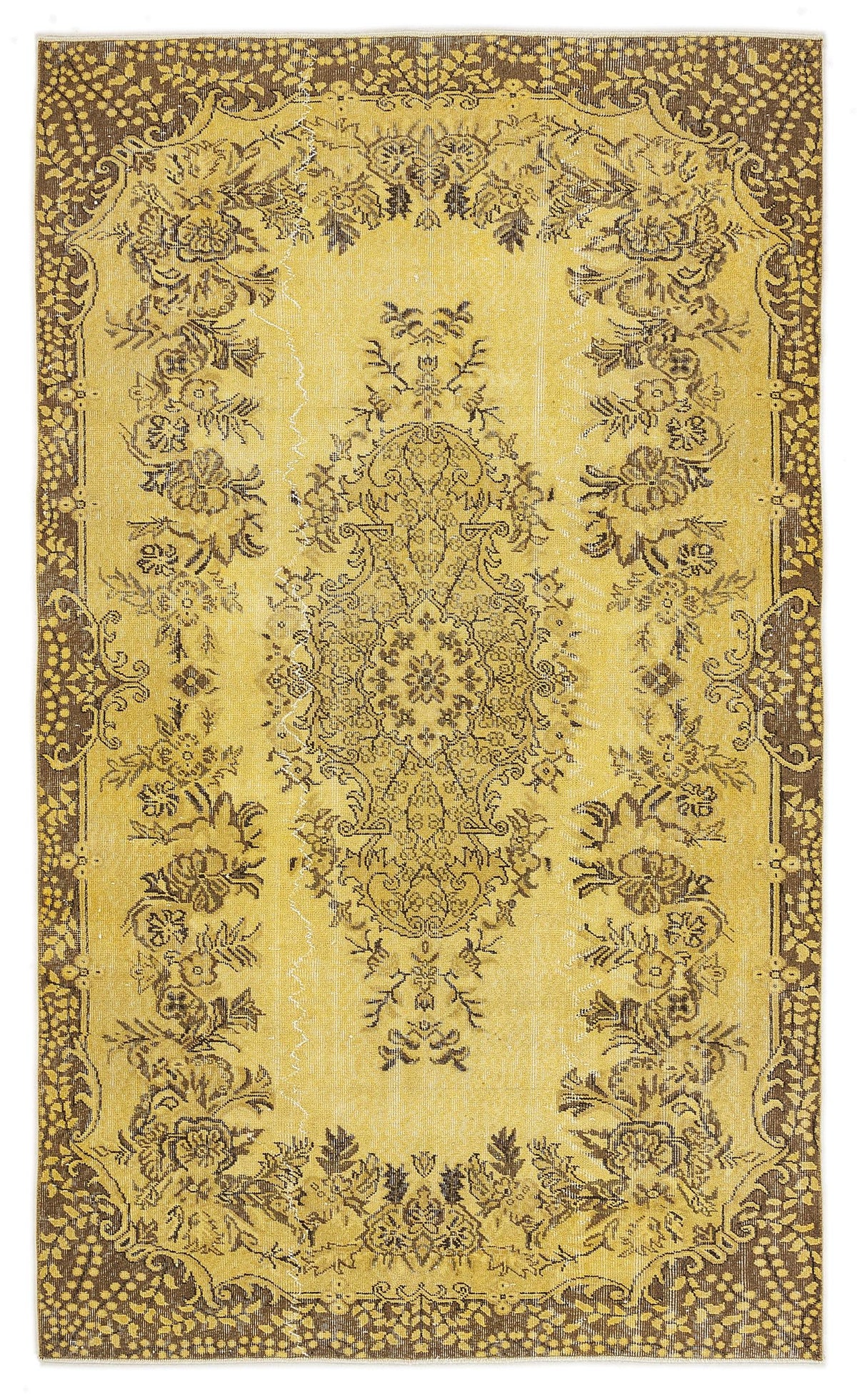 Mustard yellow and brown vintage-style rug with a central floral medallion and ornate botanical border.