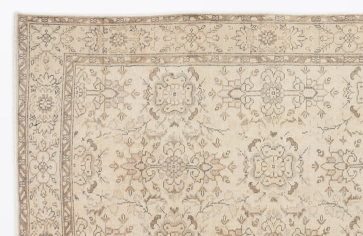 Beige and taupe traditional rug with a faded floral medallion pattern and a detailed geometric border.