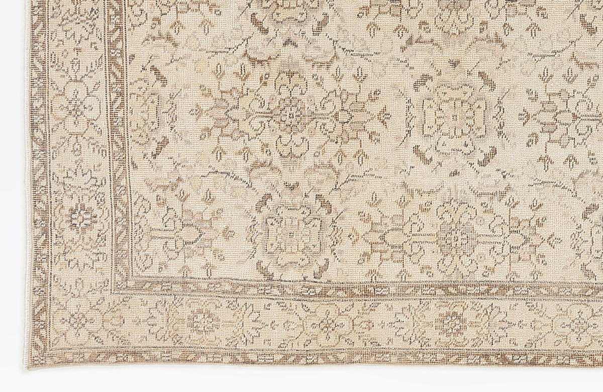 Beige and taupe traditional rug with a distressed floral medallion pattern and a detailed border.