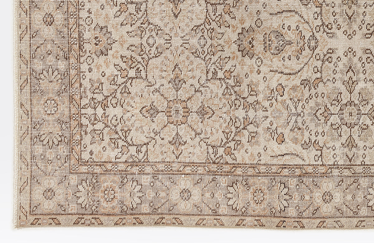 Beige and taupe traditional rug with a distressed floral medallion pattern and a detailed border.
