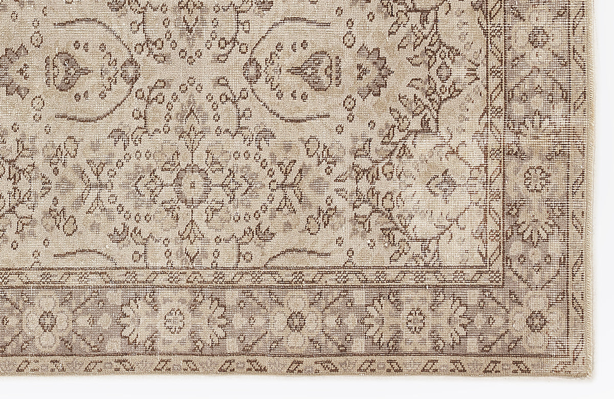 Beige and taupe rug with a distressed traditional floral medallion pattern and a detailed geometric border.