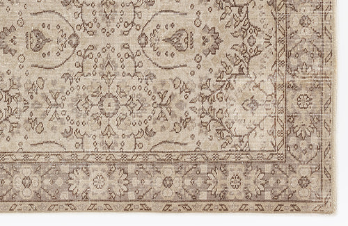 Load image 1 in gallery view. Beige and taupe rug with a distressed traditional floral medallion pattern and a detailed geometric border.