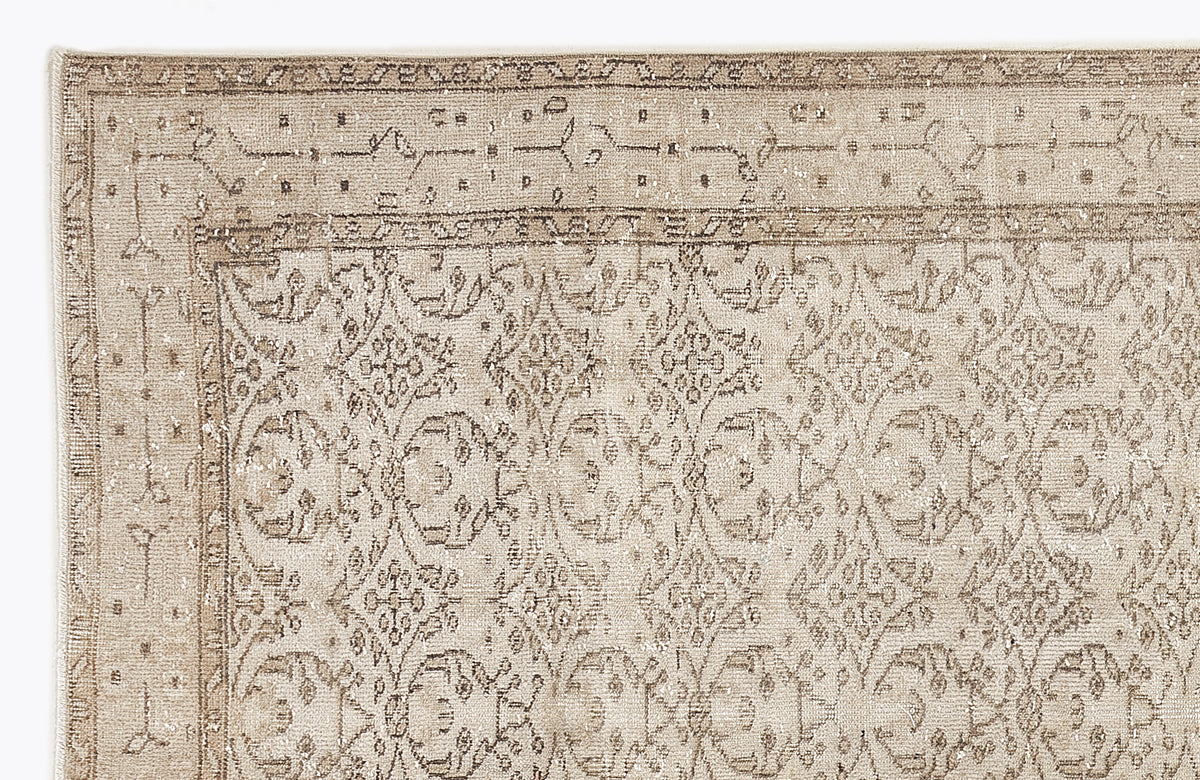 Beige and taupe traditional rug with a distressed floral medallion pattern on a white background.