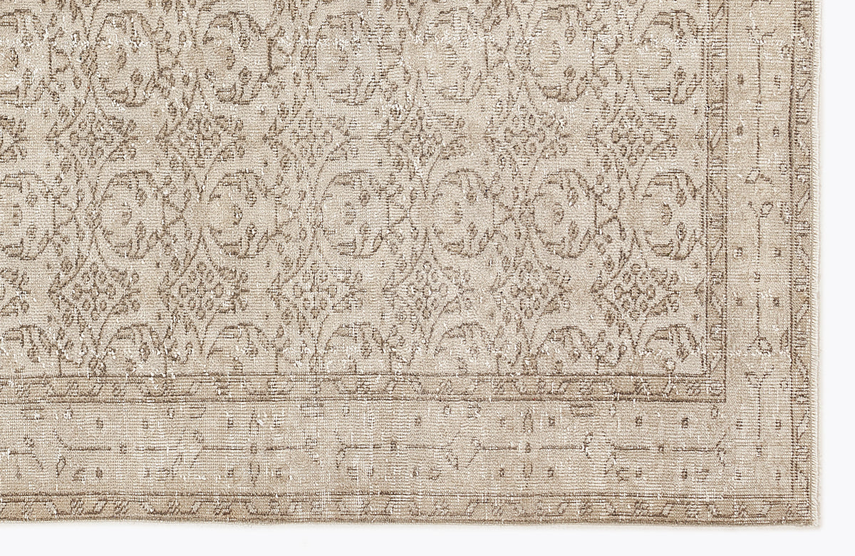 Beige and taupe traditional rug with a distressed floral medallion pattern and a detailed border.