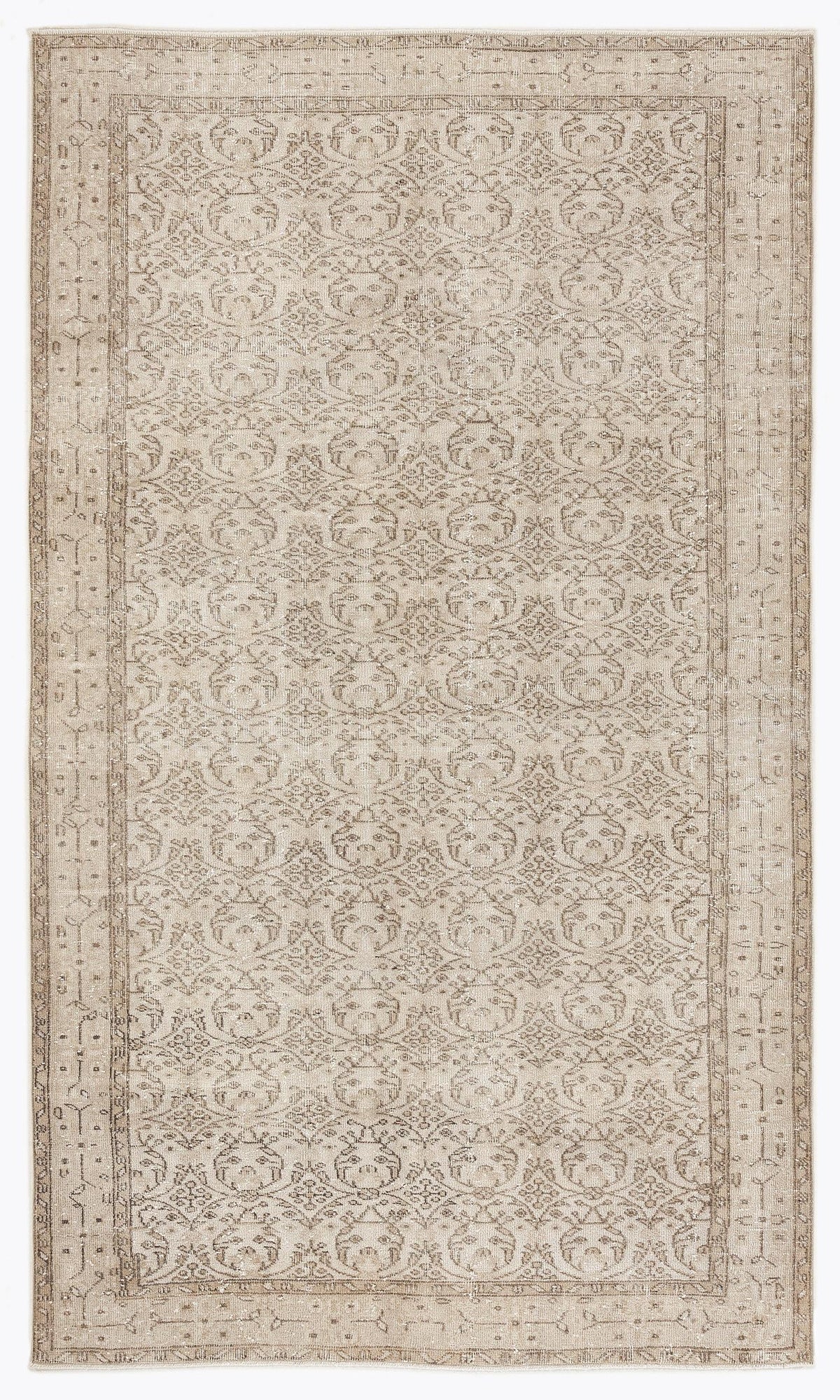 Beige and taupe traditional rug with a distressed, repeating medallion pattern and a decorative border.