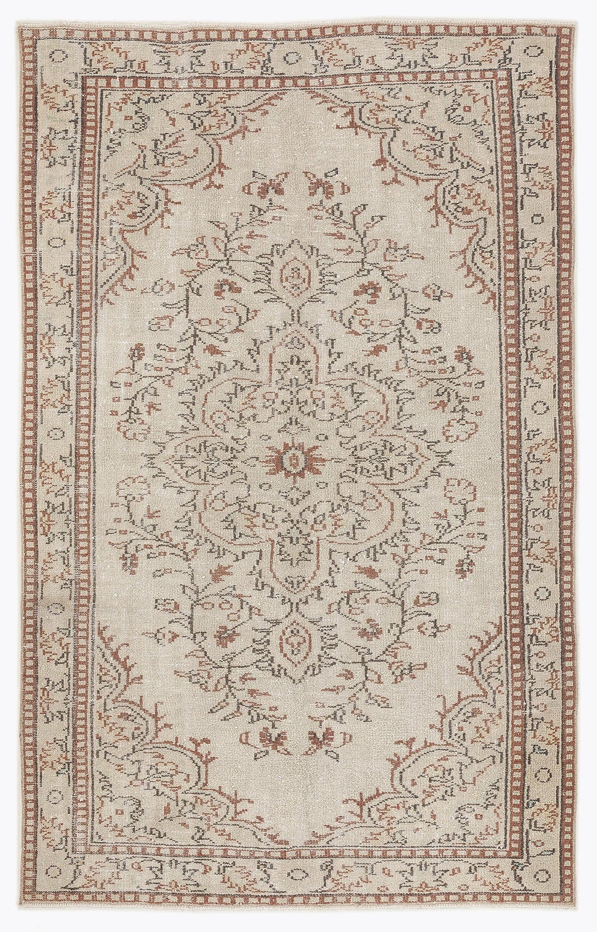 Beige vintage-style rug with a distressed terracotta and charcoal floral medallion pattern and a geometric border.