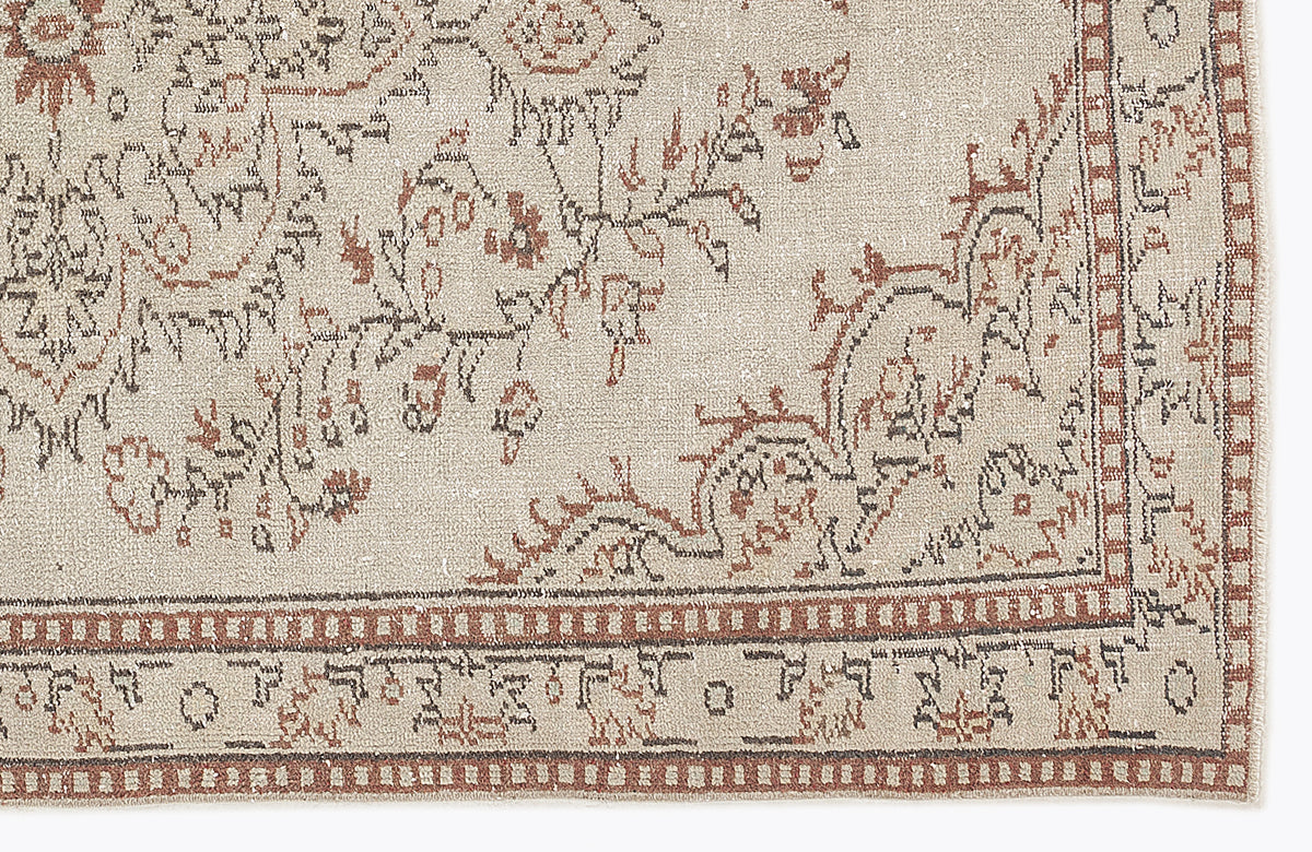 Beige rug with a distressed rust and charcoal floral medallion pattern and a geometric border.