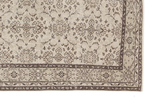 Load image 1 in gallery view. Beige and brown traditional rug with a distressed floral medallion pattern and a detailed geometric border.