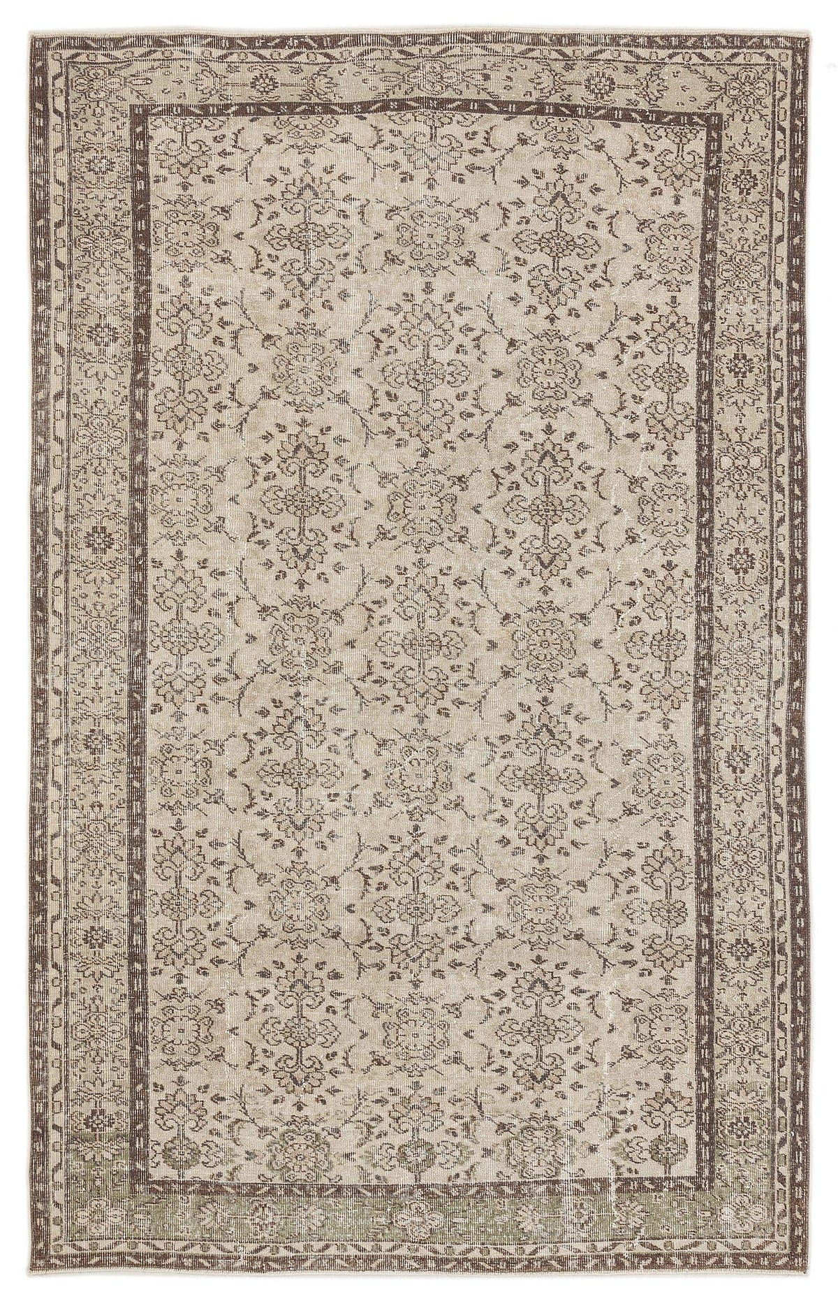 Beige and brown vintage-style rug with a distressed floral medallion pattern and a decorative border.
