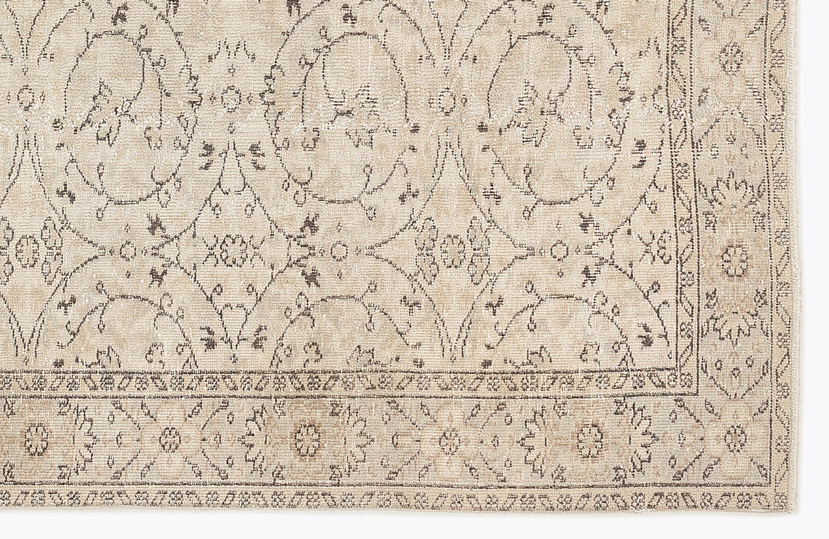 Beige and taupe rug with a distressed traditional floral medallion pattern and a decorative border.