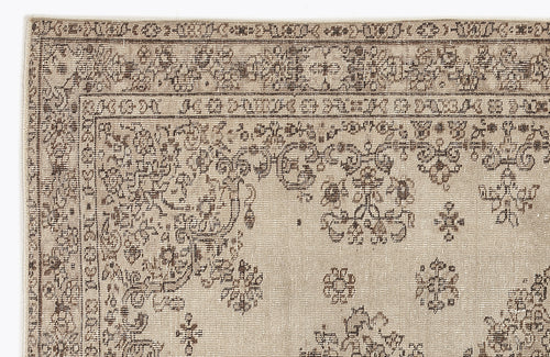 Load image 1 in gallery view. Beige and brown vintage-style rug with a distressed floral medallion pattern and a decorative geometric border.