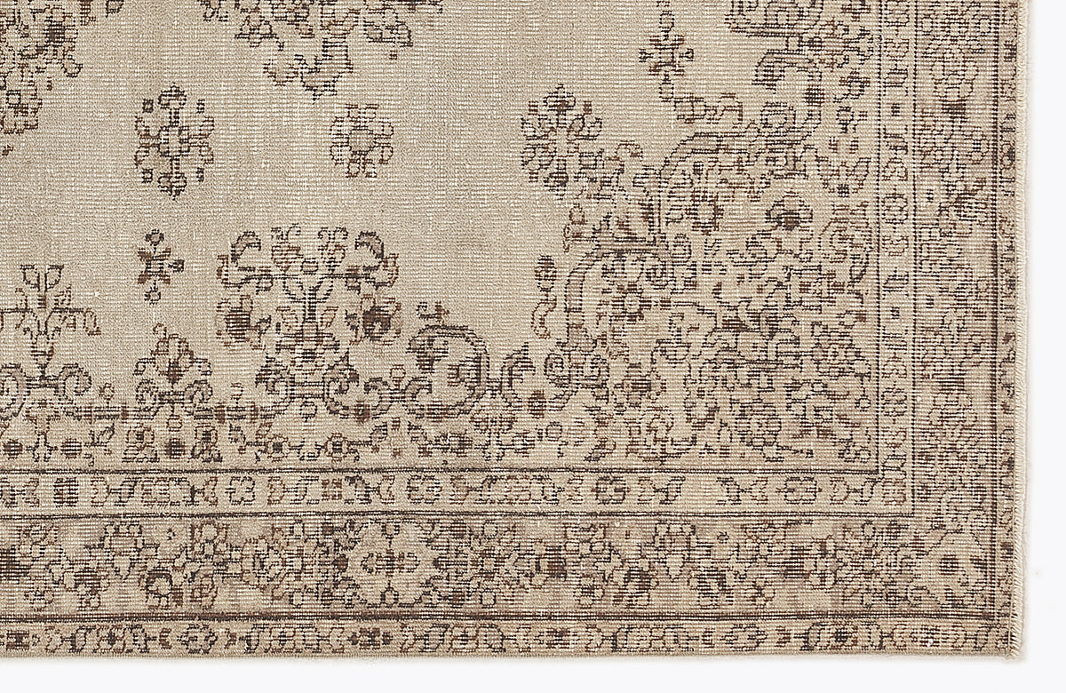 Beige and brown rug with a distressed traditional floral medallion pattern and a detailed geometric border.