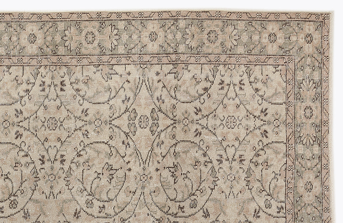 Beige and taupe traditional rug with a distressed floral medallion pattern and a decorative border.