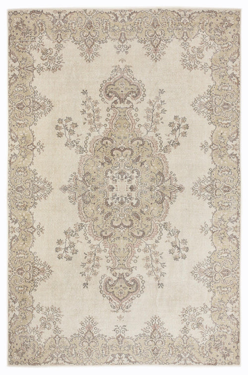 Load image 1 in gallery view. Beige and taupe traditional rug with a central floral medallion and ornate border on a white background.
