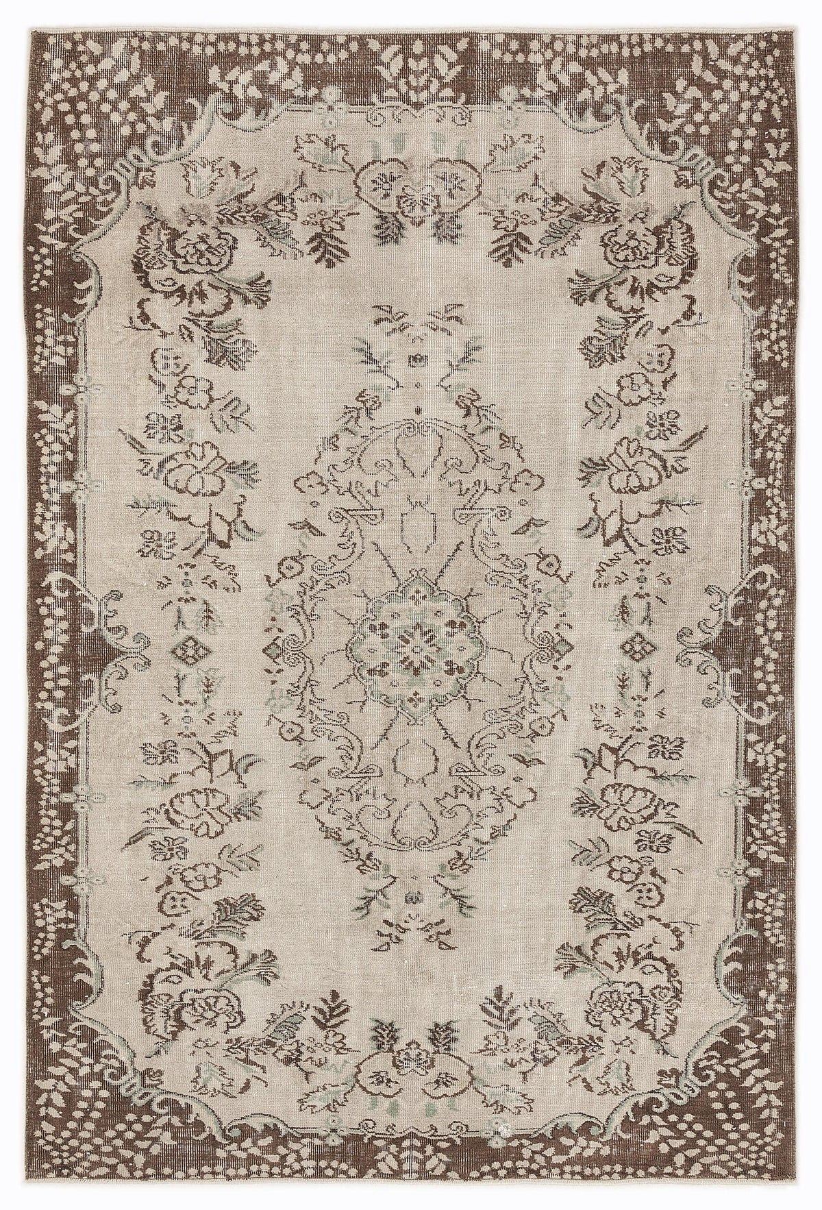 Beige and brown traditional rug with a central floral medallion and ornate botanical border.