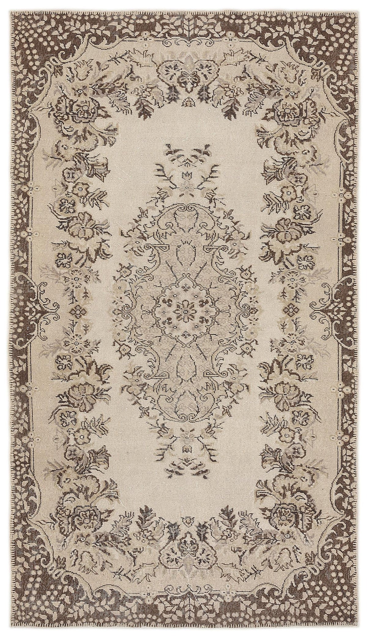 Beige and brown traditional rug with a central floral medallion and ornate border on a white background.