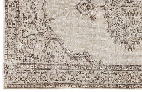 Load image 1 in gallery view. Beige and taupe distressed rug with a traditional ornate medallion pattern and a detailed geometric border.