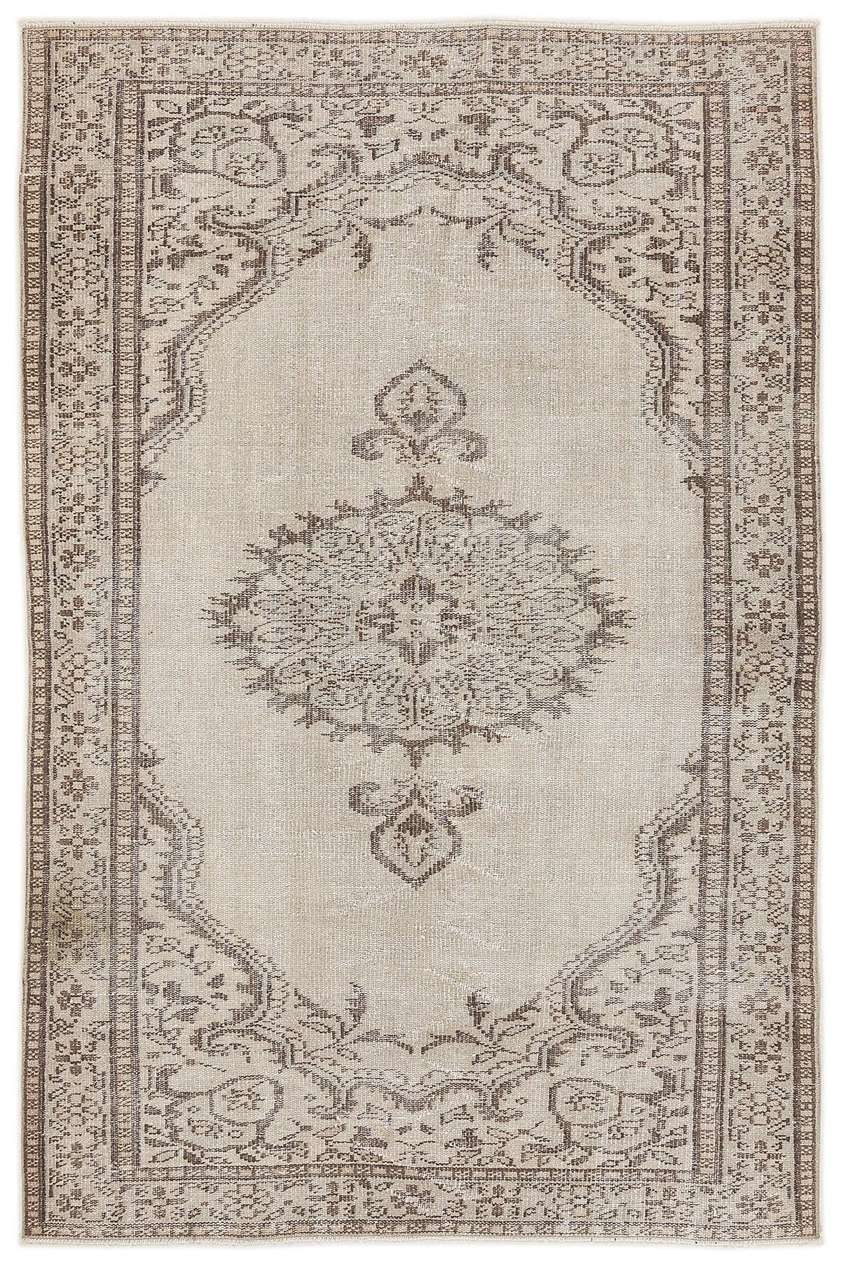 Beige and brown vintage-style rug with a central medallion and ornate floral border on a white background.