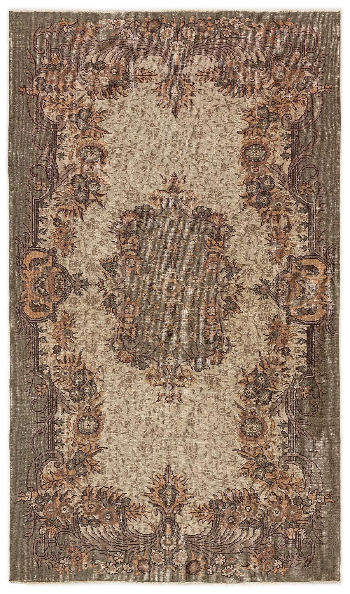 Olive green and beige traditional rug with a central floral medallion and ornate botanical border.