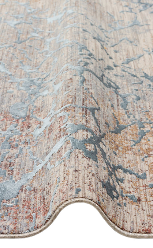 Load image 1 in gallery view. Beige, rust, and blue abstract rug with a distressed, textured pattern and a finished bound edge.