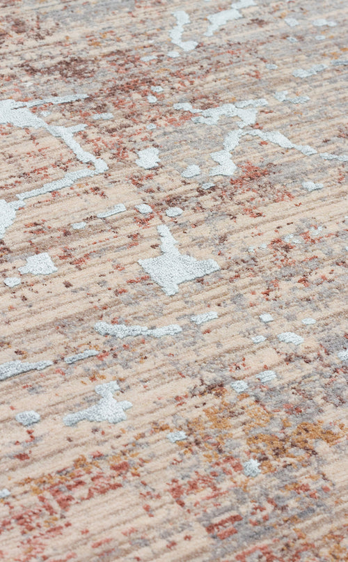 Load image 1 in gallery view. Beige, rust, and light blue abstract rug with a textured, distressed pile and linear ribbed pattern.