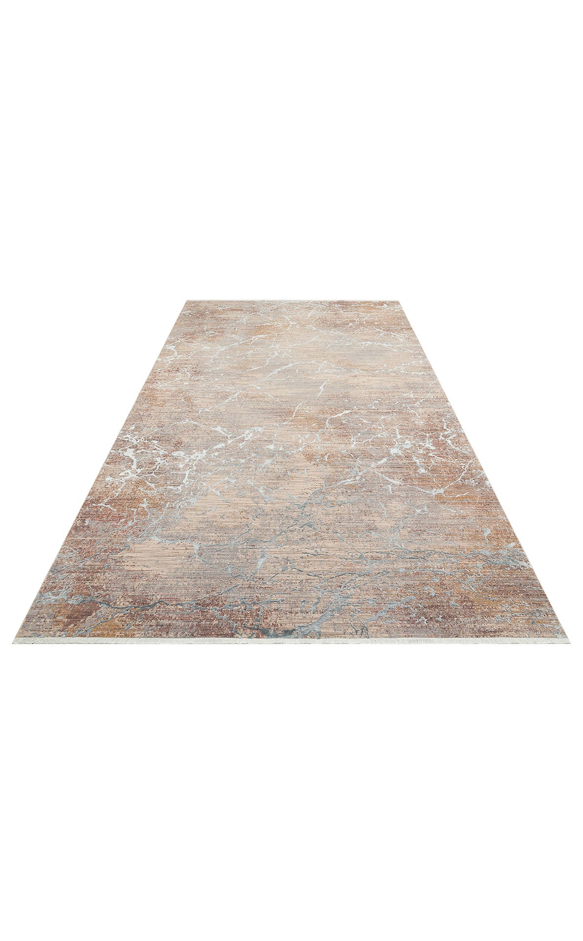 Tan and rust-colored area rug with a distressed marble-like pattern and white fringe on a white background.