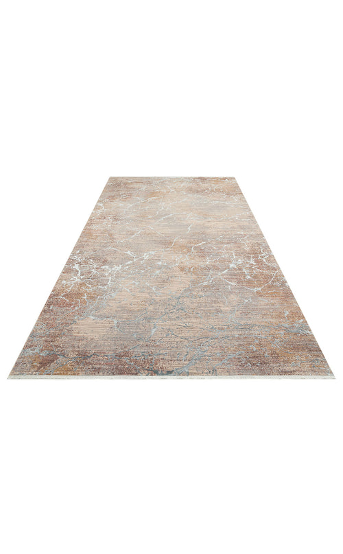 Load image 1 in gallery view. Tan and rust-colored area rug with a distressed marble-like pattern and white fringe on a white background.