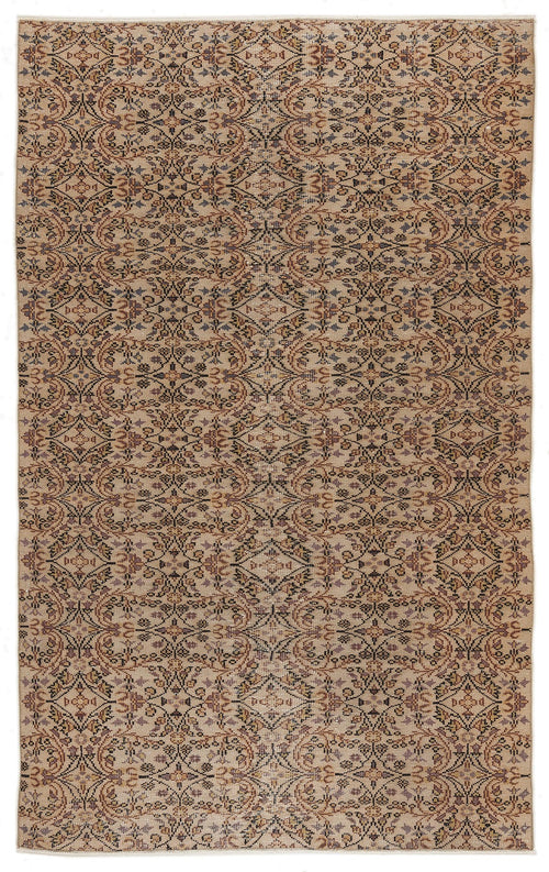 Load image 1 in gallery view. Tan and brown traditional rug with an all-over repeating floral medallion pattern in muted blue and rust accents.