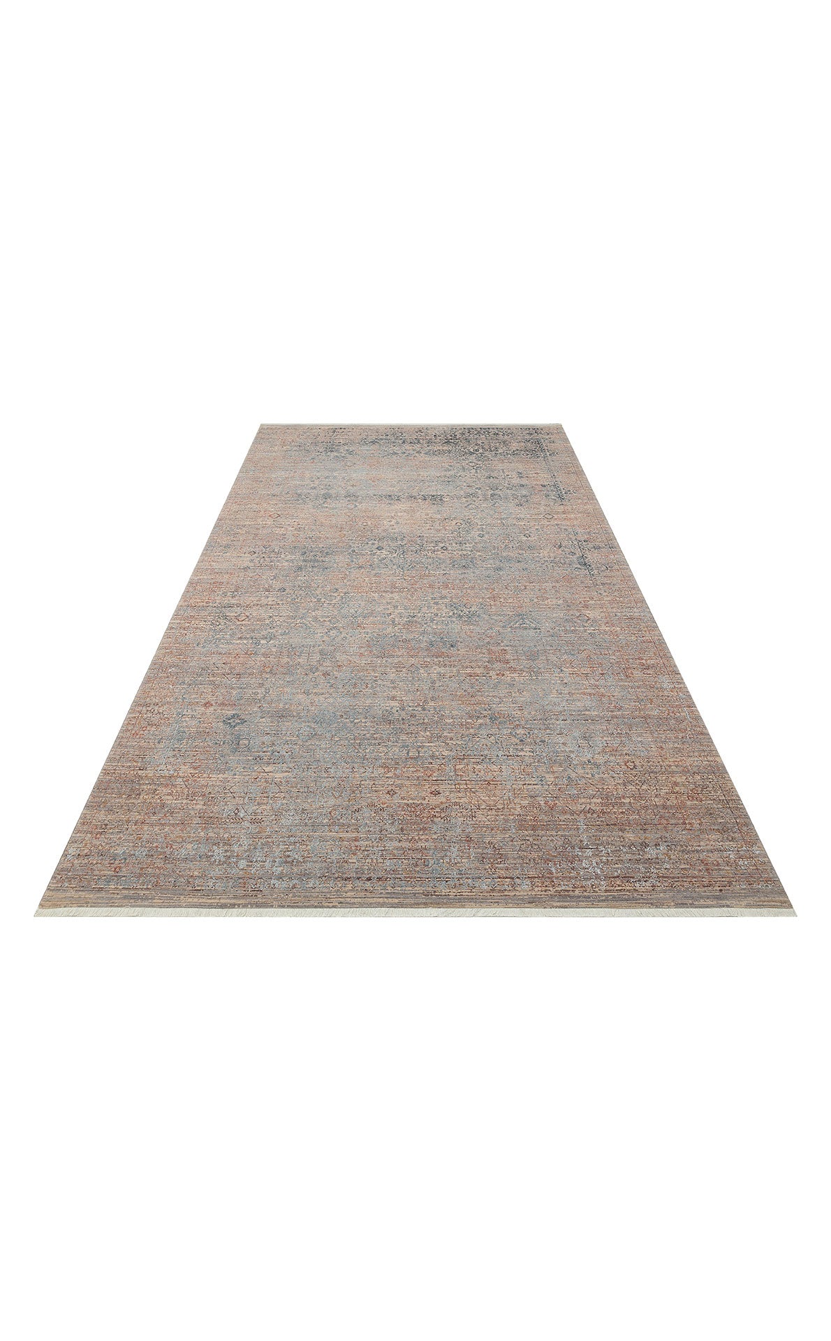 Distressed terracotta and slate blue area rug with a faded traditional medallion pattern and short fringe on white background.