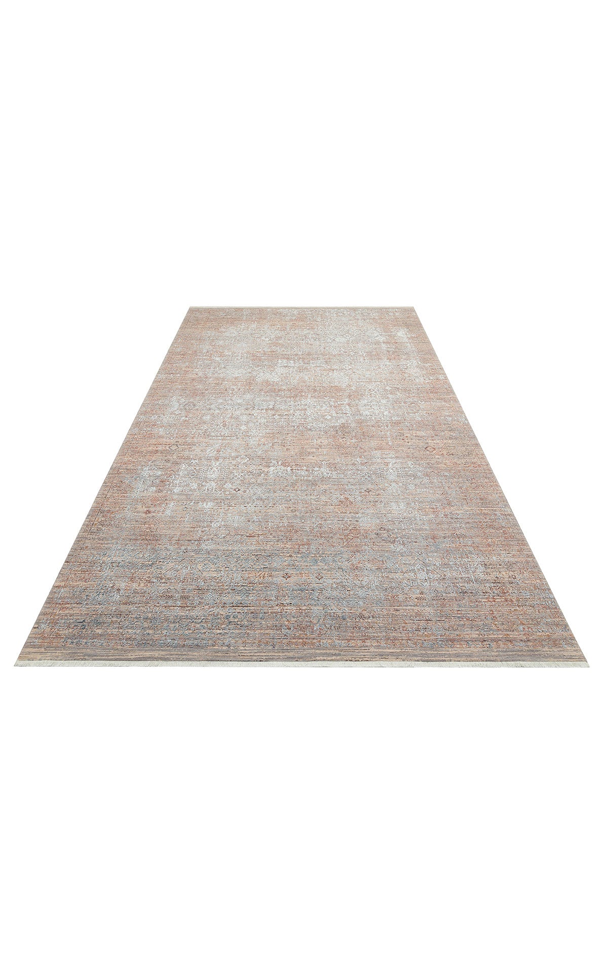 Terracotta and grey distressed area rug with a faded traditional medallion pattern and short fringe on a white background.