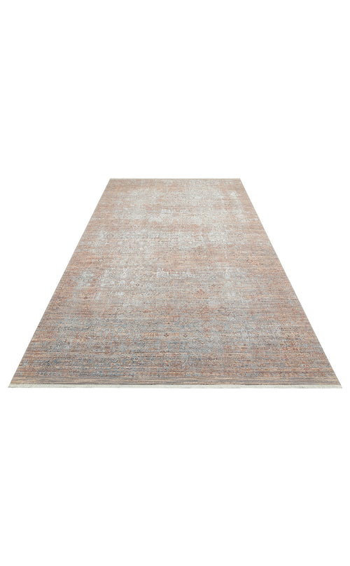 Load image 1 in gallery view. Terracotta and grey distressed area rug with a faded traditional medallion pattern and short fringe on a white background.