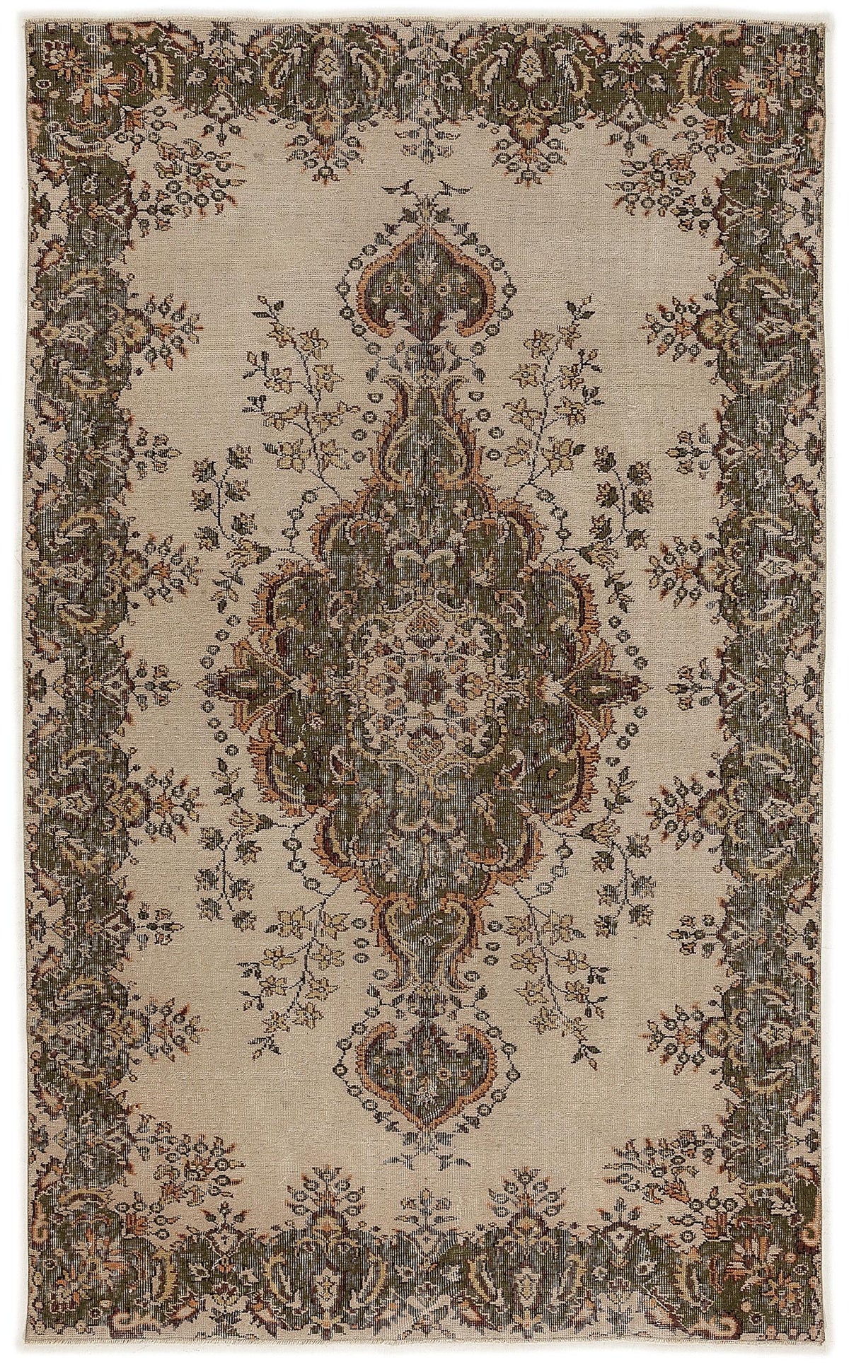 Beige traditional rug with a central olive green floral medallion and ornate border pattern.