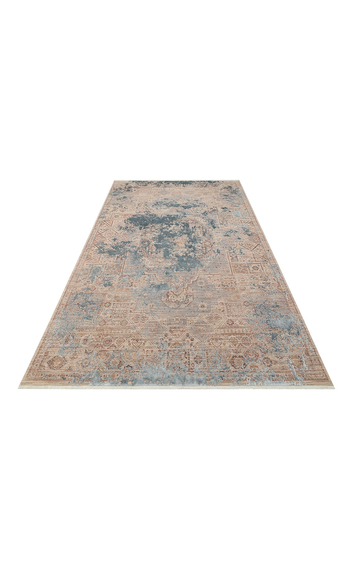 Beige and blue distressed area rug with a faded traditional medallion pattern on a white background.