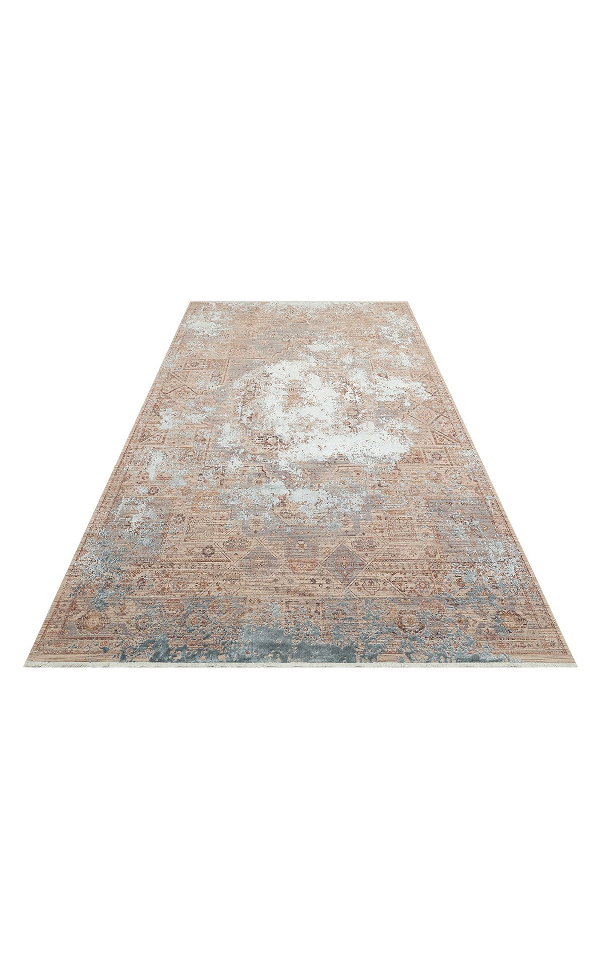 Beige and grey distressed rug with a faded traditional medallion pattern and fringed edges on a white background.
