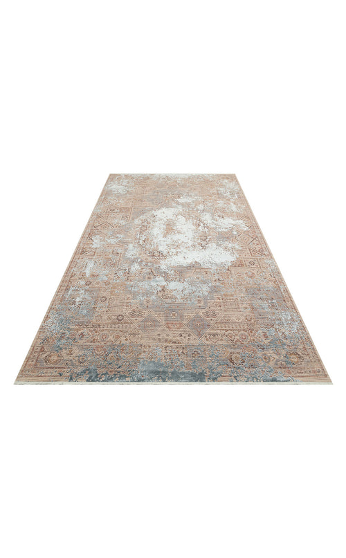 Load image 1 in gallery view. Beige and grey distressed rug with a faded traditional medallion pattern and fringed edges on a white background.
